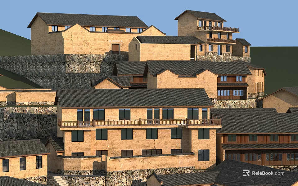 Traditional Swing Doors in Rural Village Buildings with Stone Walls and Tile Roofs 3d model 