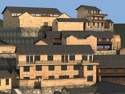 Traditional Swing Doors in Rural Village Buildings with Stone Walls and Tile Roofs 3d model