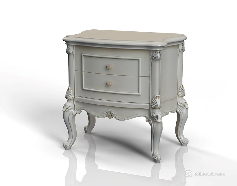 Light Gray Bedside Table With Two Drawers And Carved Decorative Legs 3d model 