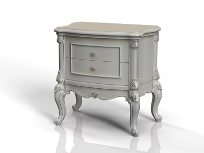 Light Gray Bedside Table With Two Drawers And Carved Decorative Legs 3d model