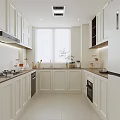 White Kitchen Interior With Integrated Cabinets Countertop Window Appliances And Lighting 3d model