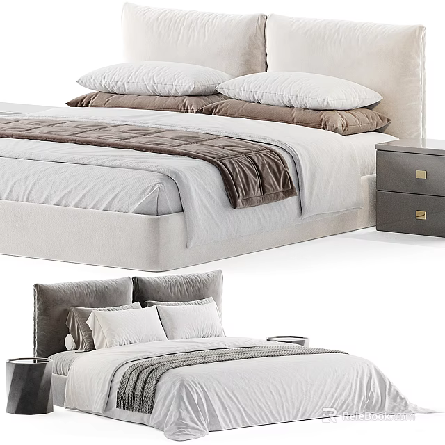 Cozy Double Bed Interior With Upholstered Headboard Neutral Bedding And Nightstand 3d model 