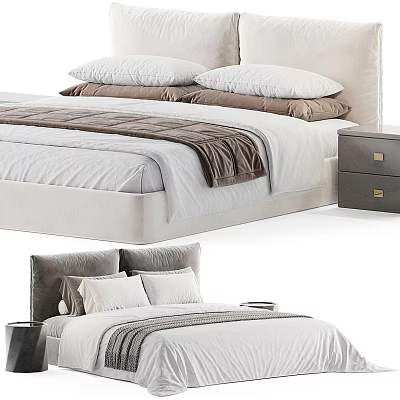 Cozy Double Bed Interior With Upholstered Headboard Neutral Bedding And Nightstand 3d model