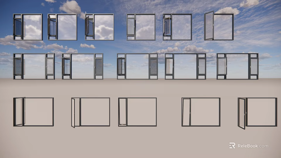 Various Window Design Types Featuring Different Opening Styles And Frame Structures 3d model
