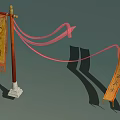 Traditional Pawnshop Advertising Banner With Wooden Pole Red Ribbons And Chinese Characters