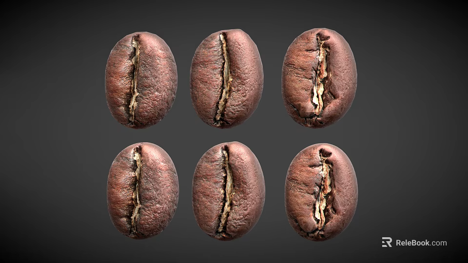 Six Roasted Coffee Beans With Split Surface And Dark Brown Color On Black Background 3d model 