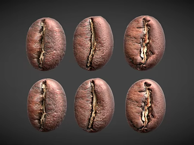 Six Roasted Coffee Beans With Split Surface And Dark Brown Color On Black Background 3d model