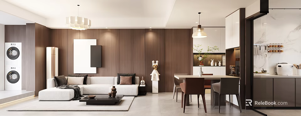 Modern Living Dining Room Interior with Wooden Walls Sofa Dining Table And Decorative Items 3d model 