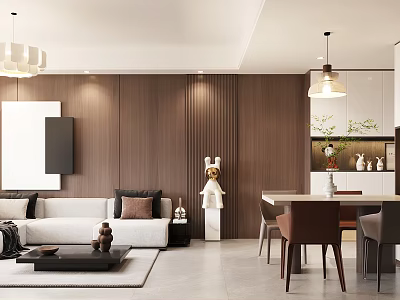 Modern Living Dining Room Interior with Wooden Walls Sofa Dining Table And Decorative Items 3d model