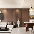 Modern Living Dining Room Interior with Wooden Walls Sofa Dining Table And Decorative Items