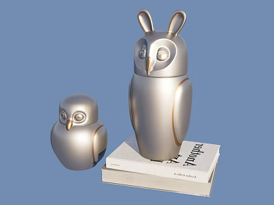 Silver Metallic Owl Sculptures One Large One Small on Stacked Books Blue Background 3d model