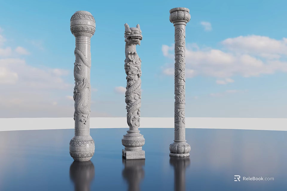 Garden Ornaments Stone Carved Pillars With Intricate Dragon Designs For Outdoor Decor 3d model 