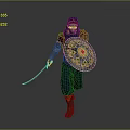 Traditional Warrior Man With Headscarf Holding Decorative Shield And Sword Against Gray Background