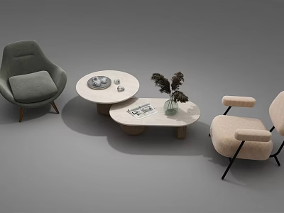 Leisure Sofa Set With Gray And Beige Armchairs Round Coffee Tables Magazines And Plants 3d model