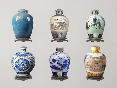 Ceramic Decorative Ornament Collection Featuring Various Colored Traditional Landscape and Floral Patterned Vases 3d model