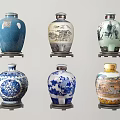 Ceramic Decorative Ornament Collection Featuring Various Colored Traditional Landscape and Floral Patterned Vases