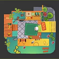 Colorful Cartoon Interior Design With Furniture Tables Chairs And Decorative Plants
