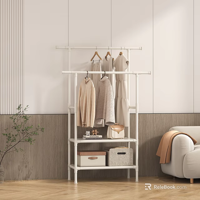 Minimalist White Clothing Rack With Hanging Dresses Blouses And Storage Boxes In Modern Indoor Setting 3d model 