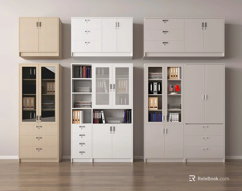 Various Modern Bookcases In Beige White Gray With Glass Doors Drawers And Shelves 3d model 