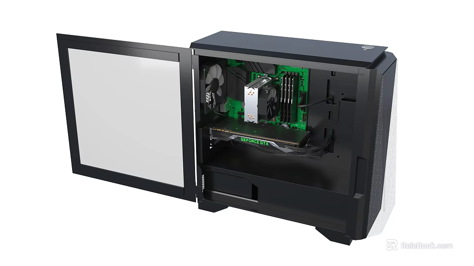 Black Computer Case With Open Side Panel Showing Green Fans And Graphics Card 3d model 