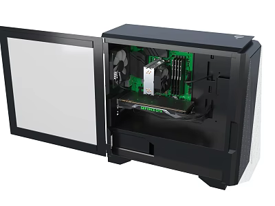 Black Computer Case With Open Side Panel Showing Green Fans And Graphics Card 3d model