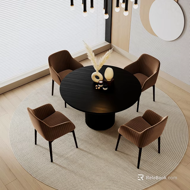 Modern Black Round Dining Table With Brown Chairs And Decorative Items On Rug 3d model