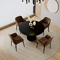 Modern Black Round Dining Table With Brown Chairs And Decorative Items On Rug 3d model