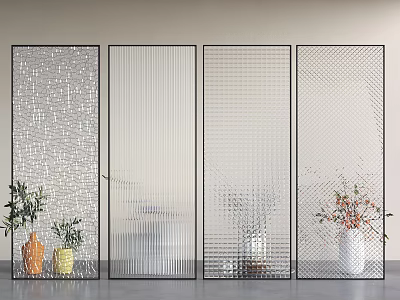 Modern Glass Room Dividers with Different Textured Designs and Decorative Plants in Vases 3d model