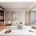 Modern Bedroom Interior Design With Bed Wardrobe Pendant Lights and Floor to Ceiling Window Blinds