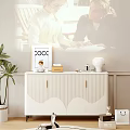 Modern White Console Cabinet With Wavy Texture Gold Handles Decorative Items And Potted Plant