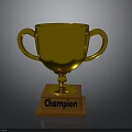Golden Champion Trophy With Engraved Text On Wooden Base And Shiny Surface
