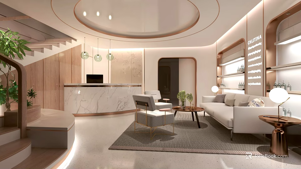 Modern Clubhouse Reception Area With Marble Desk Sofa And Lights 3d model 