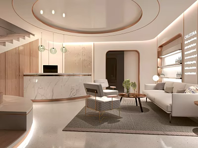 Modern Clubhouse Reception Area With Marble Desk Sofa And Lights 3d model