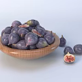 Fresh Purple Figs in Wooden Bowl with Halved Ones and Seeds on White Background