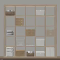 Storage Baskets on Wooden Cube Shelf Featuring Woven Metal Mesh and Paper Organizers for Home