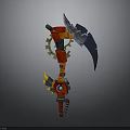 Red And Black Mechanical Sickle Tool With Gear Mechanisms And Decorative Parts
