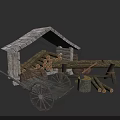 Stacked Logs In Stone Roof Shed With Wooden Cart Axe And Stump