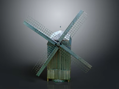 Traditional Wooden Windmill Structure With Large Blades Pitched Roof And Rustic Design 3d model