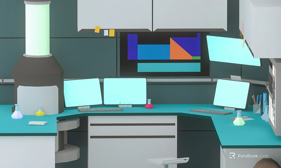 Cartoon Lab Scene With Turquoise Countertop Multiple Monitors Test Tubes And Cabinets 3d model 