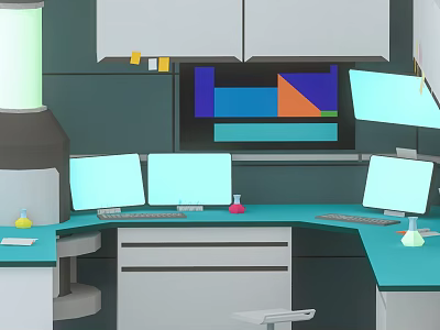 Cartoon Lab Scene With Turquoise Countertop Multiple Monitors Test Tubes And Cabinets 3d model