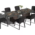 Modern Dining Table Set With Marble Top Six Gray Chairs Tableware And Green Plant Decor 3d model