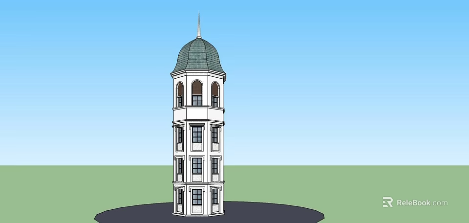 White Multi story Tower With Green Dome Spire And Windows Against Blue Sky 3d model 