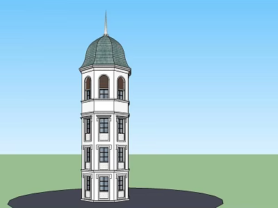 White Multi story Tower With Green Dome Spire And Windows Against Blue Sky 3d model