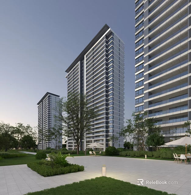 Modern High Rise Residential Buildings With Green Plants Lawn And Outdoor Seating Area 3d model 