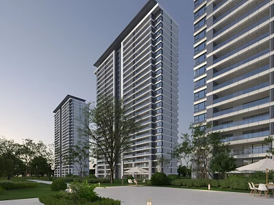 Modern High Rise Residential Buildings With Green Plants Lawn And Outdoor Seating Area 3d model