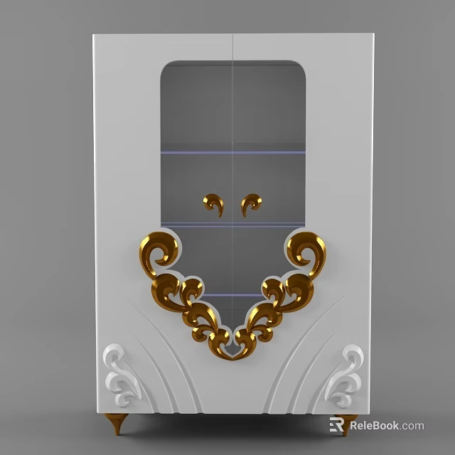 Elegant White Decorative Cabinet With Gold Ornate Carvings And Symmetrical Design 3d model 