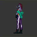 Woman With Purple Hair And Sunglasses Wearing Red Top Green Jacket Purple Pants Orange Belt
