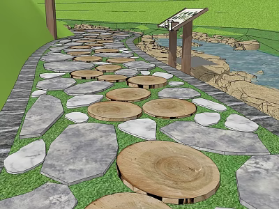 Scenic Road Facilities Pathway With Wooden Logs Stone Slabs Grass Water Area And Signboard 3d model