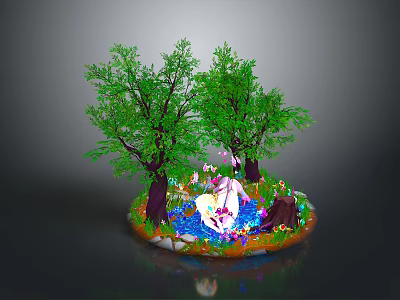 Commercial Decorative Equipment With Green Trees Blue Pond Illuminated Objects And Colorful Flowers 3d model