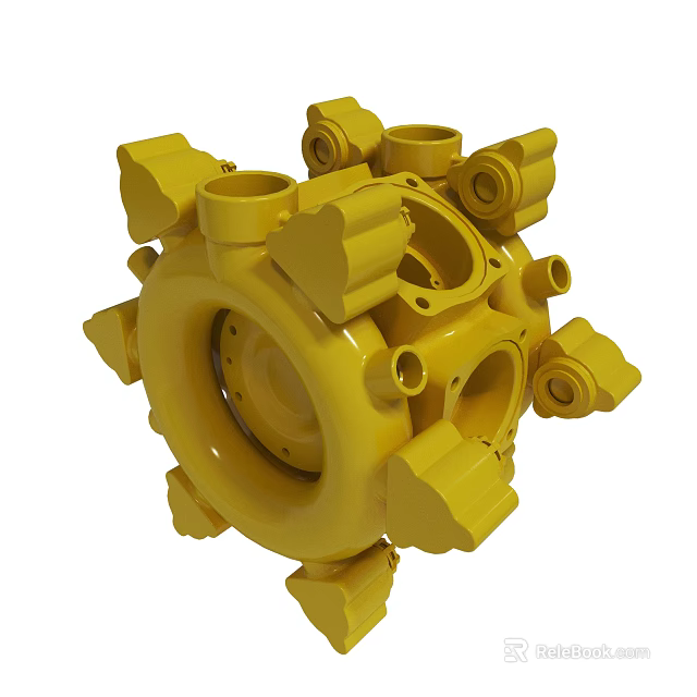 Yellow Industrial Mechanical Component With Circular Design And Multiple Protrusions 3d model 